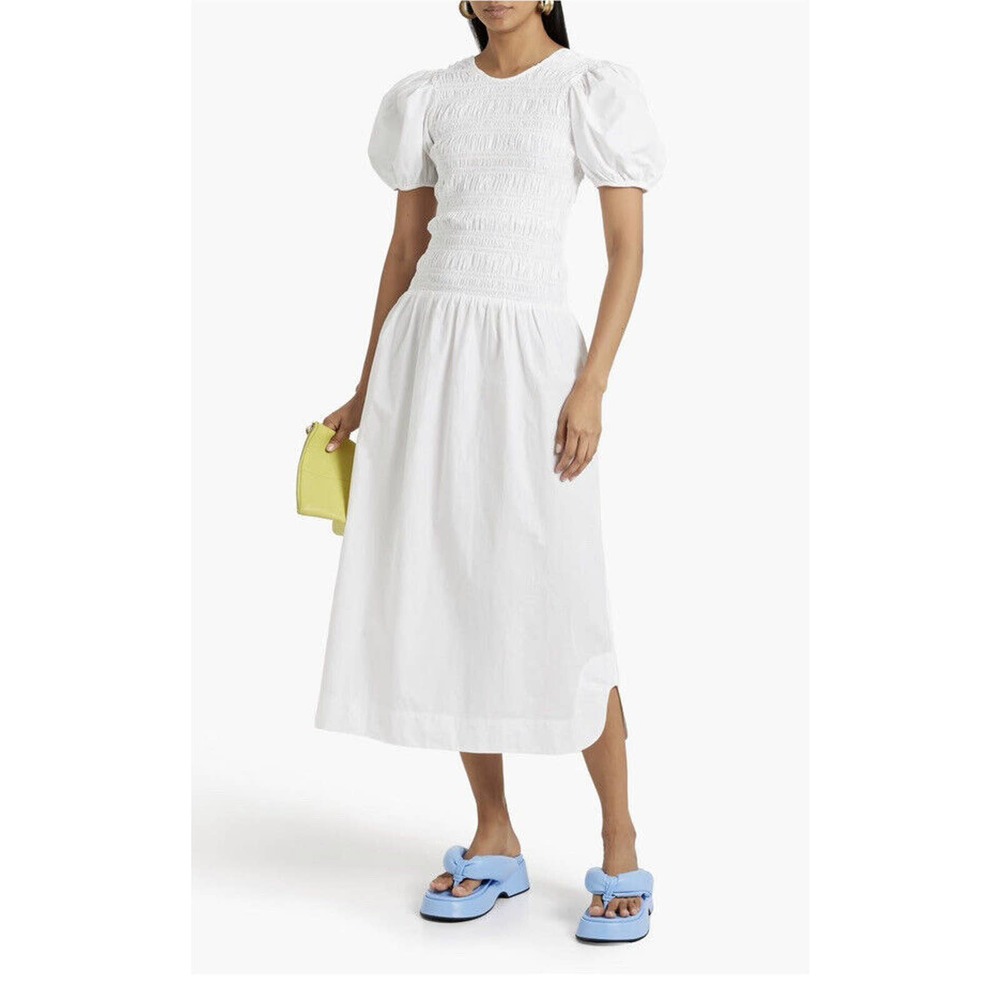 Ganni White Midi Dress with Puff Sleeves